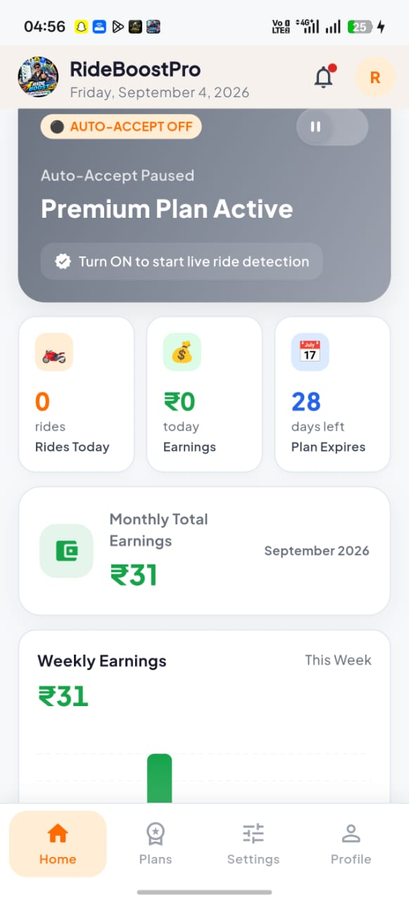 RideBoostPro app home screen showing ride acceptance interface on dark background