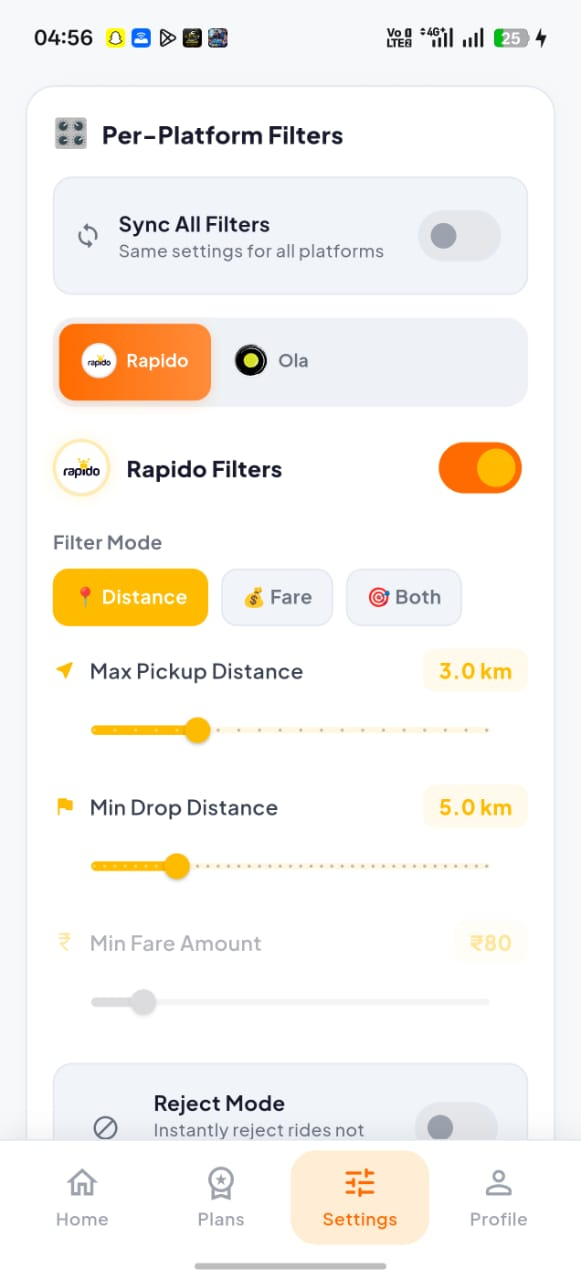 RideBoostPro settings screen showing fare filter and distance controls on dark interface