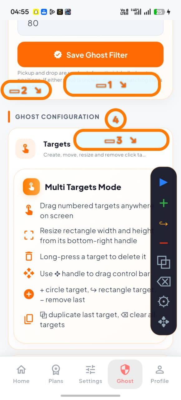 Ghost Mode overlay showing numbered click targets on ride app screen for auto-accept configuration